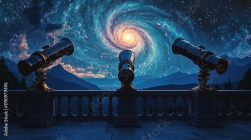 Three large telescopes on a balcony overlooking a nighttime sky dominated by a glowing spiral galaxy. photo