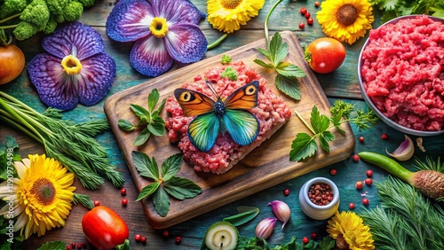 Raw Ground Meat & Peacock Butterfly: Culinary Top-Down Photography