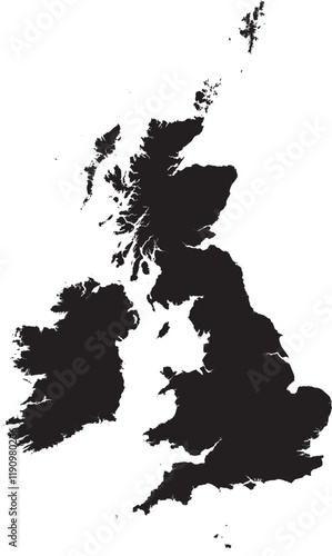 Editable vector silhouette map of the United Kingdom, including Great Britain (England, Scotland, and Wales) and Northern Ireland, along with smaller surrounding islands.