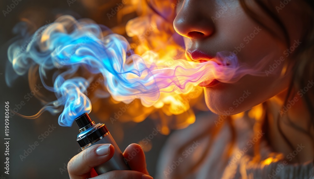 Obraz premium E-cigarette Vapor: A Close-Up of Colorful Smoke and a Woman