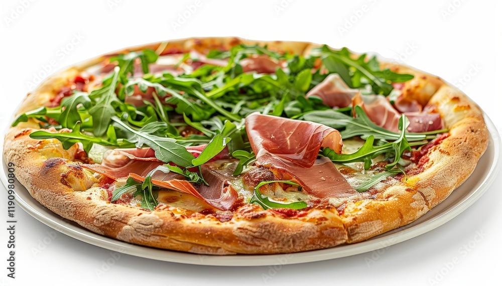 A close-up of a delicious pizza with prosciutto and arugula on a white plate. A close-up of a delicious pizza with prosciutto and arugula on a white plate.