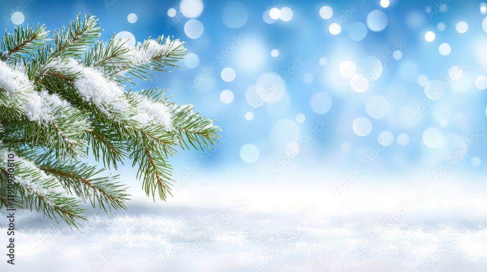 Snowy Pine Branch on a Winter Background: Festive Holiday Image Snowy Pine Branch on a Winter Background: Festive Holiday Image