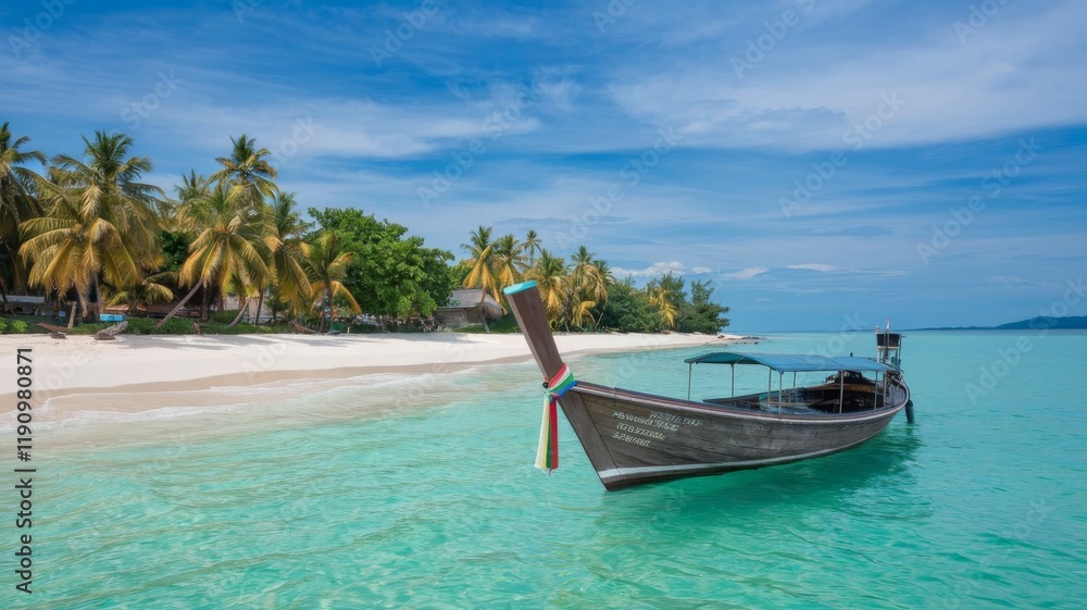 Quiet Thailand island shoreline with a travel boat and turquoise waters, no tourists in sight Quiet Thailand island shoreline with a travel boat and turquoise waters, no tourists in sight