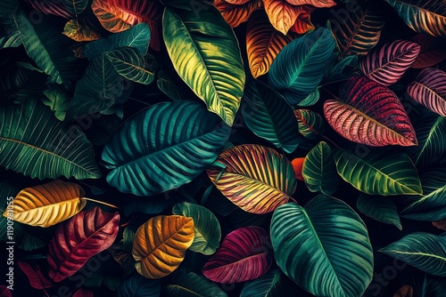 Wallpaper Mural Tropical Leaf Composition Dark Moody Greens, Reds and Yellows, Lush Foliage, Botanical Print Tropical Leaves, Botanical Art Torontodigital.ca