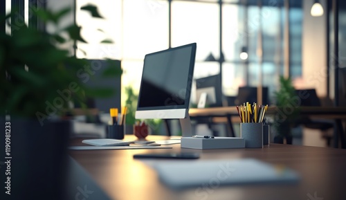 Wallpaper Mural 3D rendering of an office with desks and computers, blurred background Torontodigital.ca