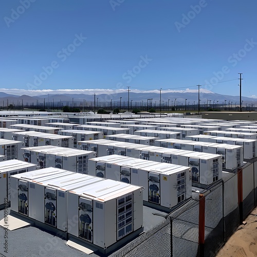 A largescale outdoor array of white lithiumion battery storage units, enclosed by a fence, under a clear blue sky. The installation occupies a substantial area.