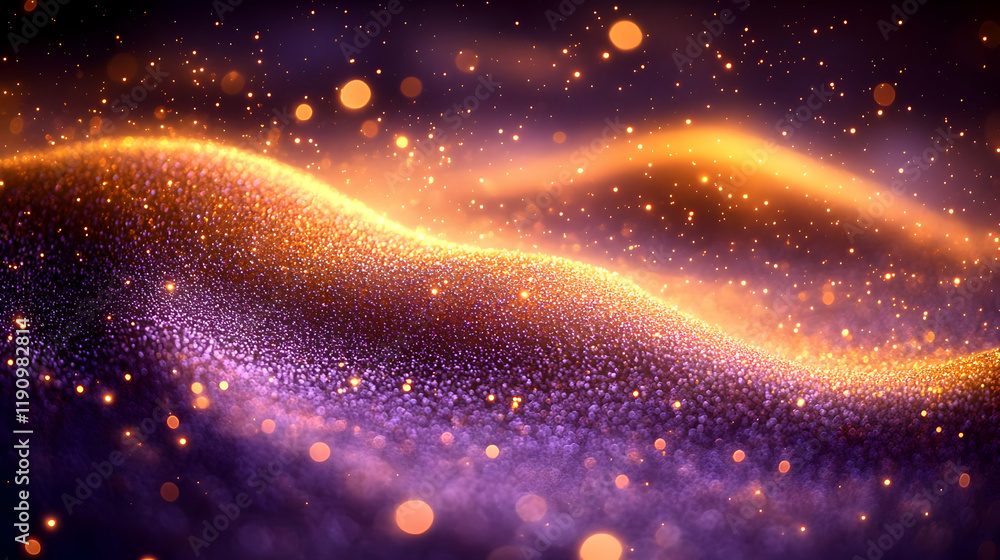 Obraz premium Abstract Glowing Particle Wave Background with Golden and Purple Hues