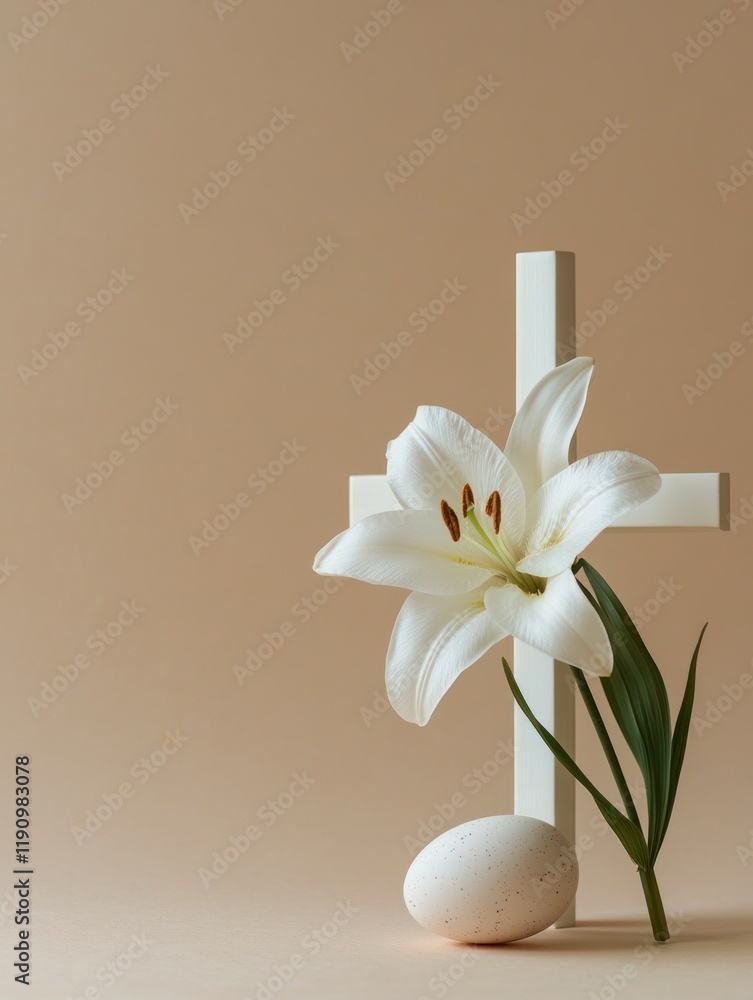 Fototapeta premium Minimalist Composition of a White Lily Flower with a Cross and an Egg on a Neutral Background for Easter and Spring Celebrations