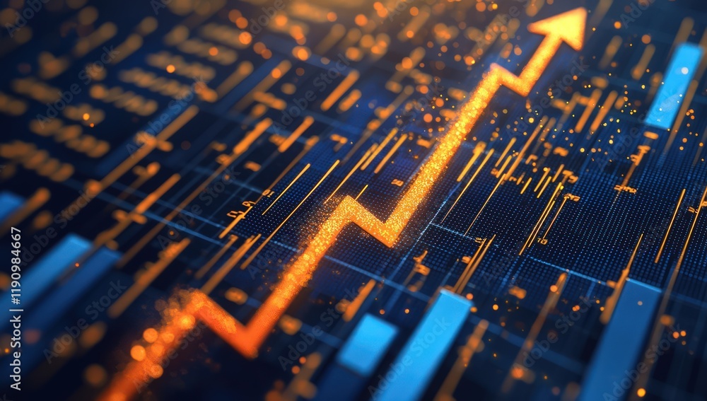 Vibrant financial data with orange light streaks emphasizing an upward arrow