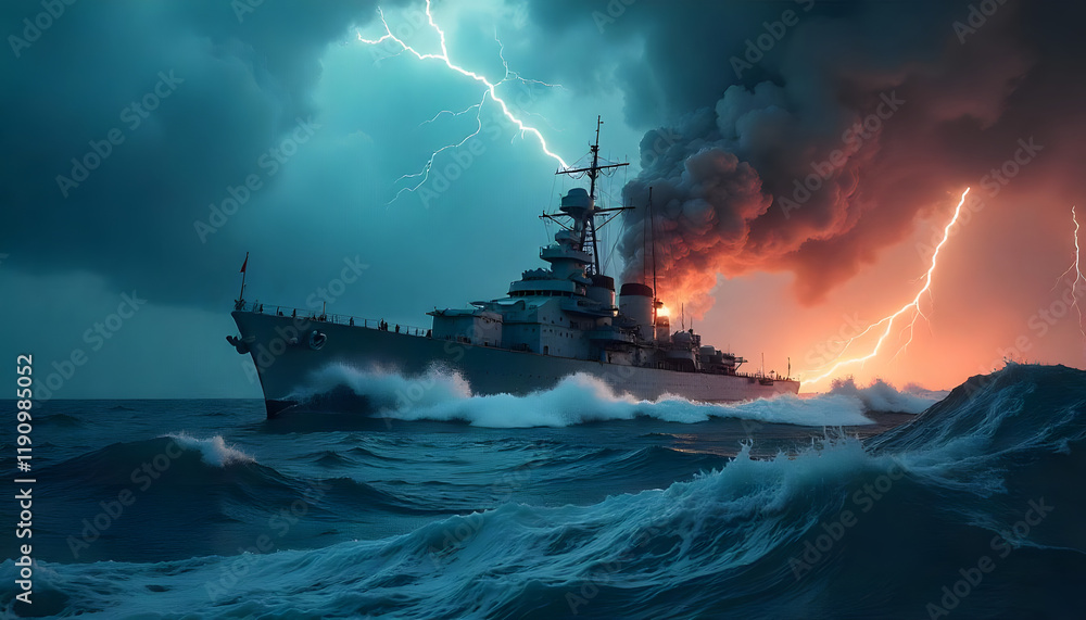 Fototapeta premium Battleship Braving a Dramatic Tempest Dark, Intense Seascape