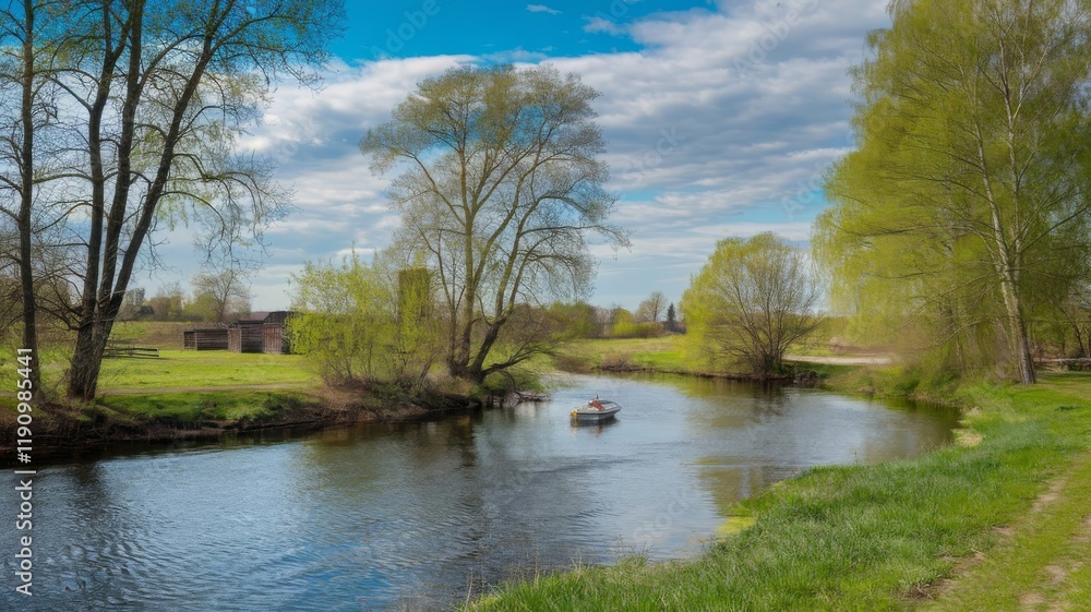 Serene spring landscape with blue skies, fluffy clouds, the Narew River, and a small boat Serene spring landscape with blue skies, fluffy clouds, the Narew River, and a small boat