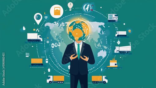 Businessman Holding a Glowing Globe Surrounded by Futuristic Digital Elements