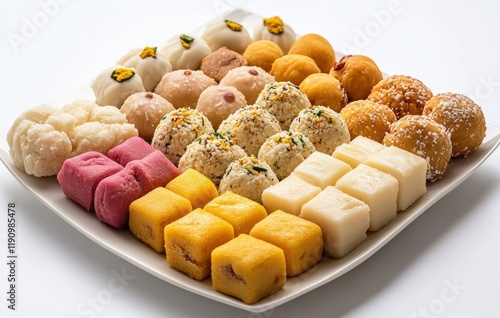 An Array of Colorful Indian Sweets Displayed on a White Plate for a Festive Celebration or Special Occasion Featuring Varied Textures and Flavors photo