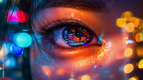 Eyes Reflecting Neon Lights and Hidden Emotions with Soft Bokeh and Light Trails