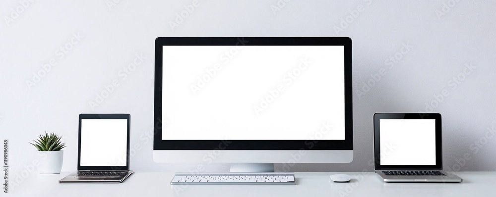 Modern devices showing blank screen on white desk Modern devices showing blank screen on white desk