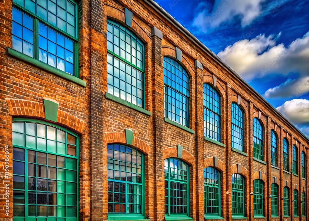 Obraz premium Refurbished Brick Industrial Building Facade with Sash Windows - Stock Photo
