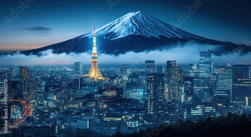 Cinematic photograph of the Tokyo skyline with Mount Fuji in the background at night, featuring bright lights from skyscrapers and the cityscape.