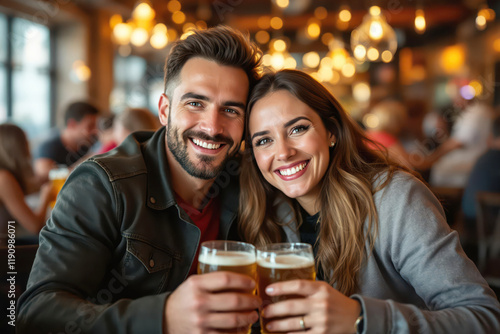 A lively pub scene with a happy couple, smiling at the camera while enjoying their beers.