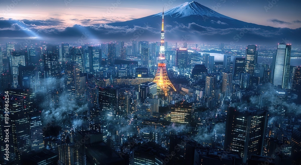Fototapeta premium Cinematic photograph of the Tokyo skyline with Mount Fuji in the background at night, featuring bright lights from skyscrapers and the cityscape.