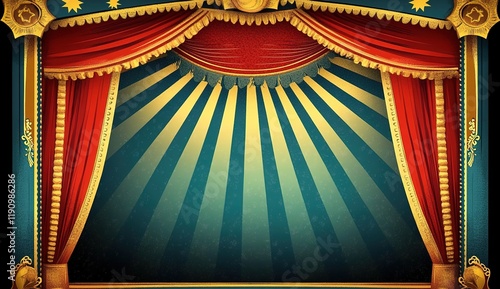 Circus tent with spotlight, stage, and red curtains. Vintage circus background vector illustration