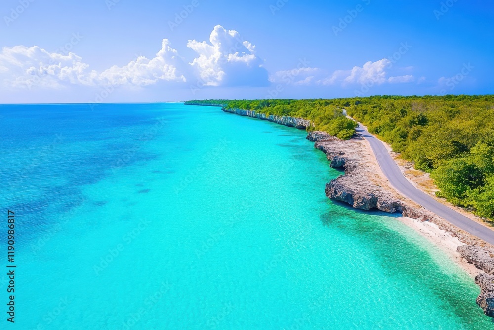 Coastal road alongside turquoise water under bright tropical sunlight Coastal road alongside turquoise water under bright tropical sunlight