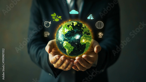 A Businessman Holding a Glowing Earth Hologram in His Hands Depicting Innovation
