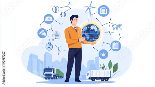 A businessman holding a glowing globe surrounded by a futuristic digital landscape