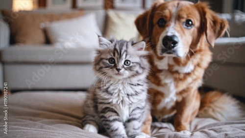 Wallpaper Mural Closeup of a cute kitten and a dog standing together as good friends in the living room of a house. Torontodigital.ca