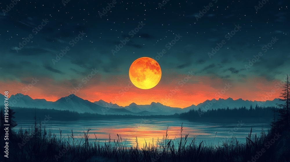 Golden Moon and Serene Landscape. Generative AI Golden Moon and Serene Landscape. Generative AI