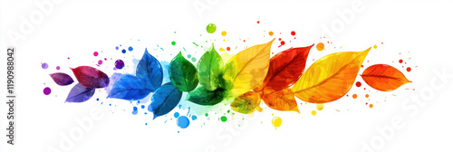 vibrant array of colorful leaves arranged in rainbow spectrum, with splashes of paint creating dynamic and artistic effect. white background enhances vivid colors photo