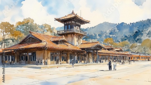 Charming Train Station with Watercolor Aesthetic. Generative AI photo