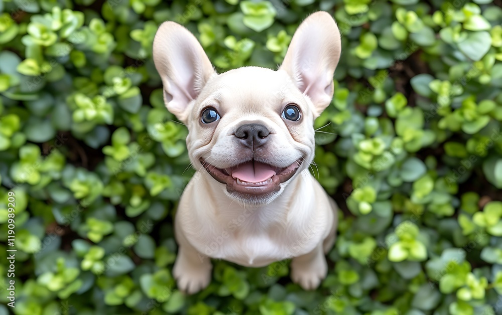 Fototapeta premium Happy puppy sitting in green foliage, looking up, perfect for pet adoption ads