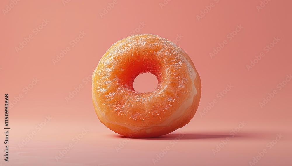 A single orange glazed donut on a pink background. A single orange glazed donut on a pink background.