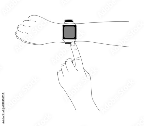 Hands wearing smart watch on wrist, touching screen with finger. Modern technology concept. Vector outline sketch drawing isolated