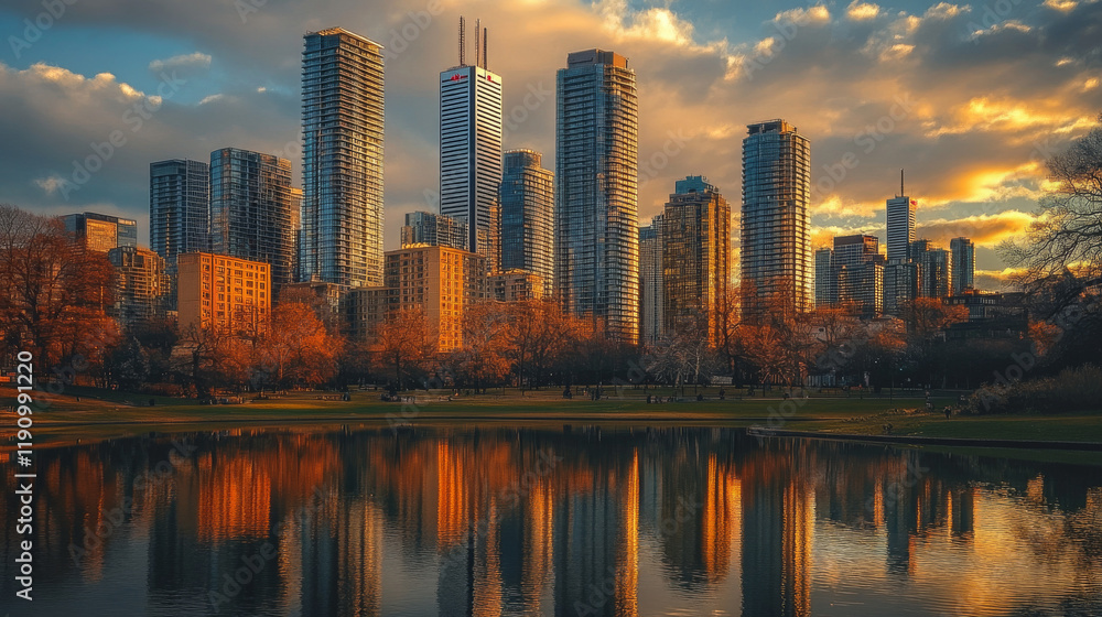 Fototapeta premium The image captures sharp reflections of clouds and sunlight on the buildings, emphasizing their height and design.