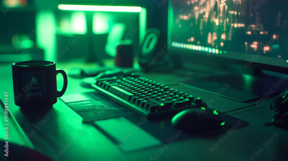 The scene includes detailed gadgets like a mechanical keyboard, a coffee mug, and soft LED lighting for an immersive tech atmosphere. The scene includes detailed gadgets like a mechanical keyboard, a coffee mug, and soft LED lighting for an immersive tech atmosphere.