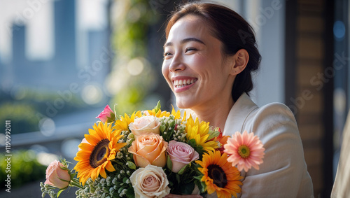 Joyful woman receiving a colorful bouquet of flowers on a sunny balcony photo