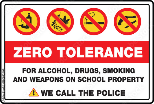 Zero Tolerance For Alcohol, Drugs, Smoking and Weapons On School Property Sign.
