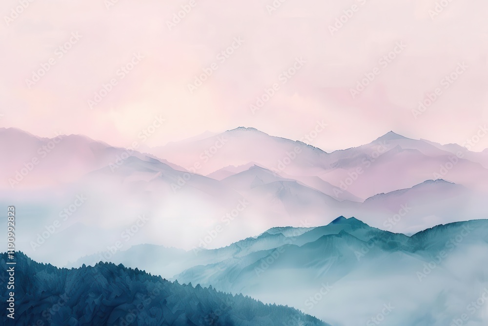Serene mountain landscape with soft pastel hues and misty layers creating a tranquil atmosphere.