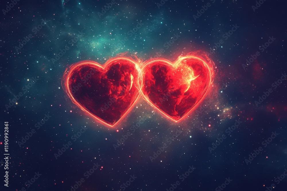 Glowing red hearts in a star-filled cosmic background with shades of blue and orange nebulae - love and unity in a vast and mysterious universe
Glowing red hearts in a star-filled cosmic background with shades of blue and orange nebulae - love and unity in a vast and mysterious universe