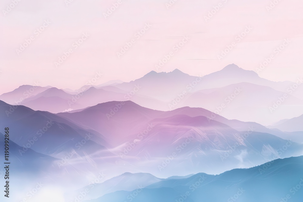 Fototapeta premium Serene mountain landscape with soft pastel hues and misty layers.