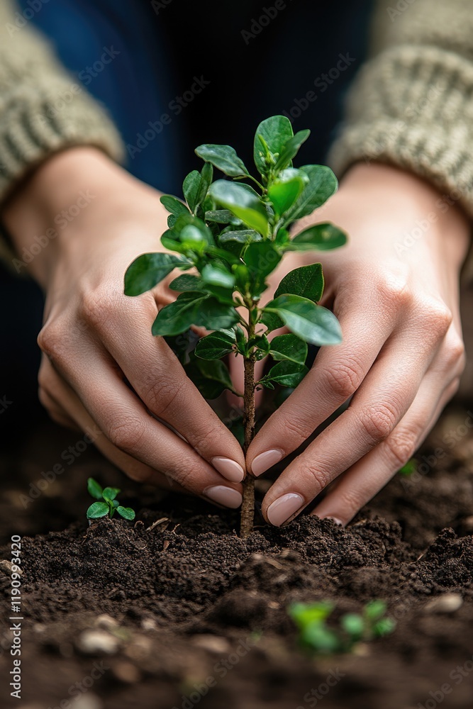 Fototapeta premium Hands Planting Young Tree Sapling in Soil: Nurturing Nature and Growth