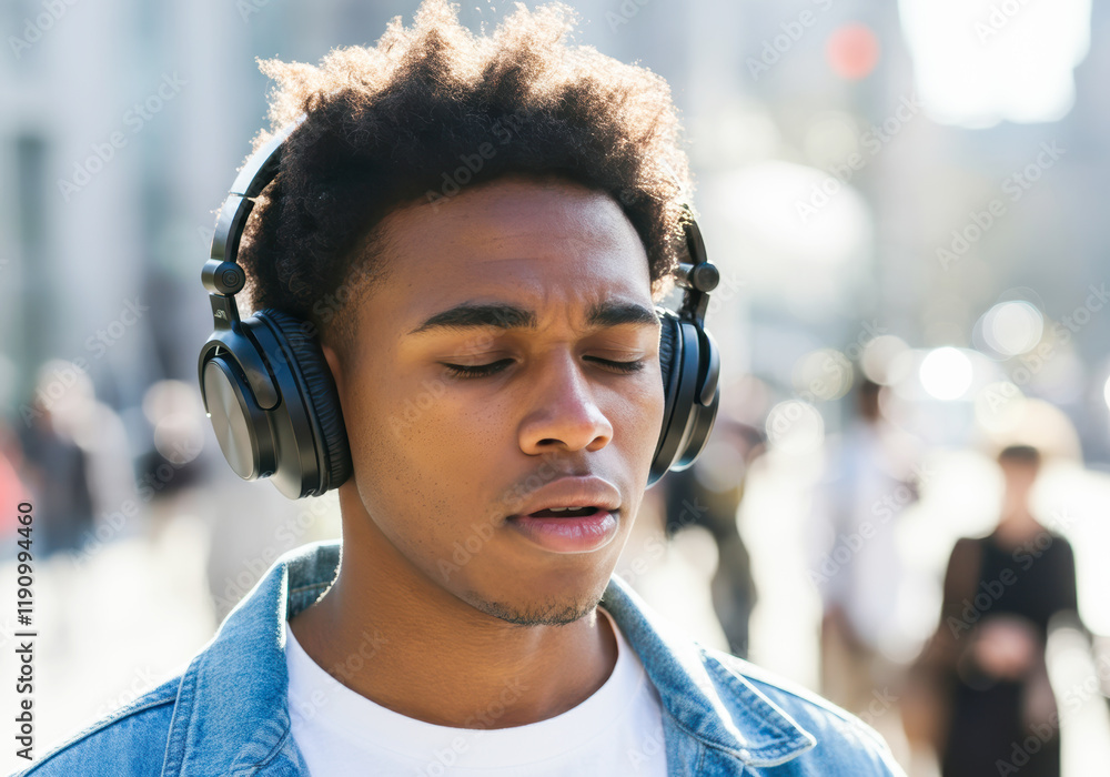 Young african male enjoying music with headphones outdoors Young african male enjoying music with headphones outdoors