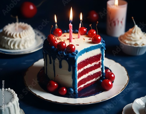 View of above of a colorful kid, blue, pink, cream, pan, milk, chocolate, strawberries birthday cake, with candles, unicorn, glaced sugar, sweets, candies, glasses, balloons, confettis photo