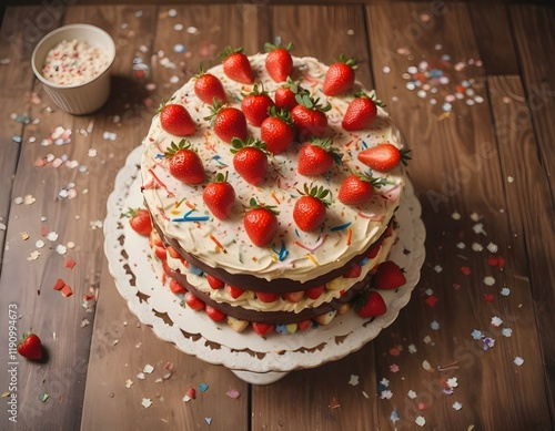 View of above of a colorful kid, blue, pink, cream, pan, milk, chocolate, strawberries birthday cake, with candles, unicorn, glaced sugar, sweets, candies, glasses, balloons, confettis photo