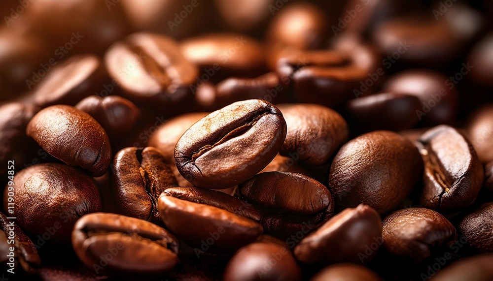 Naklejka premium Roasted Coffee Beans Close Up Rich Brown Aromatic Energy Caffeine Beverage Drink Food Texture