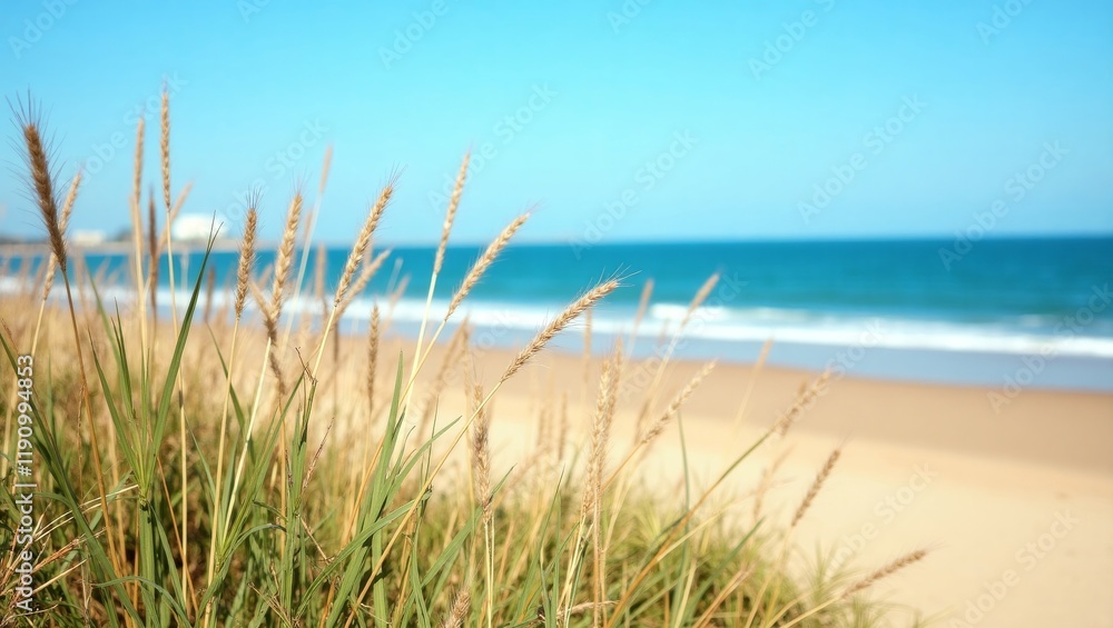 Serene beach scene with tall grasses in the foreground and clear blue sky. Perfect for nature, summer, and coastal-themed designs and projects. Serene beach scene with tall grasses in the foreground and clear blue sky. Perfect for nature, summer, and coastal-themed designs and projects.