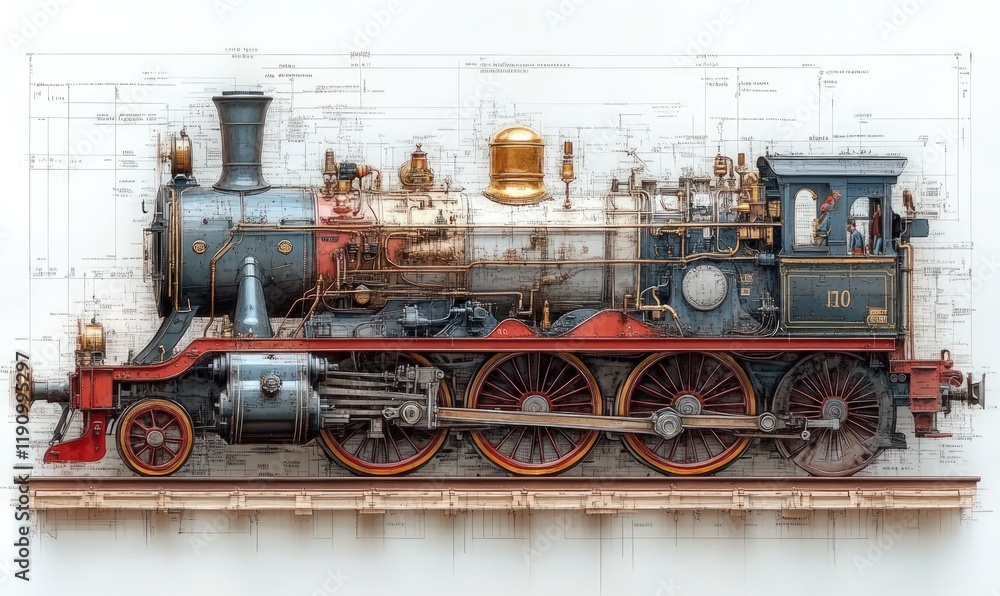 Fototapeta premium Detailed steam locomotive blueprint drawing.