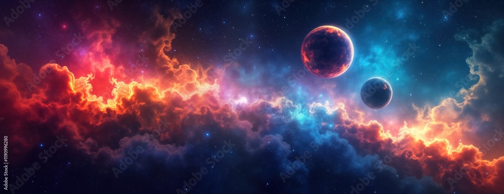 Colorful abstract space background shows vibrant nebulae, planets. Colorful clouds of space gas, dust swirl, mix. Planets float in cosmic space. Mysterious, beautiful celestial view. Perfect for Colorful abstract space background shows vibrant nebulae, planets. Colorful clouds of space gas, dust swirl, mix. Planets float in cosmic space. Mysterious, beautiful celestial view. Perfect for