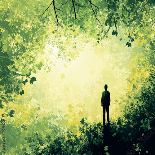 silhouette of a man standing in the distance in a dense forest in front of which sunlight can be seen